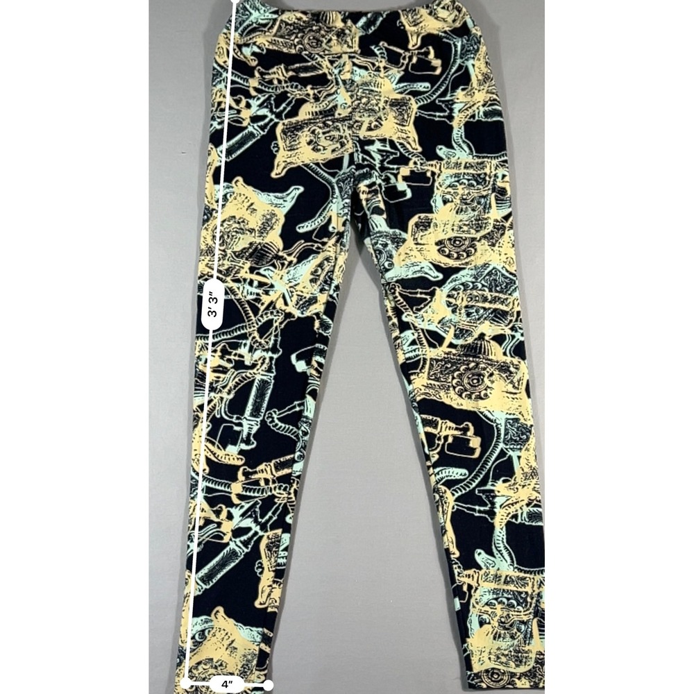 LuLaRoe Tall Curvy Leggings Black Yellow Mint Vintage Rotary Telephone Print TC - Picture 4 of 9
